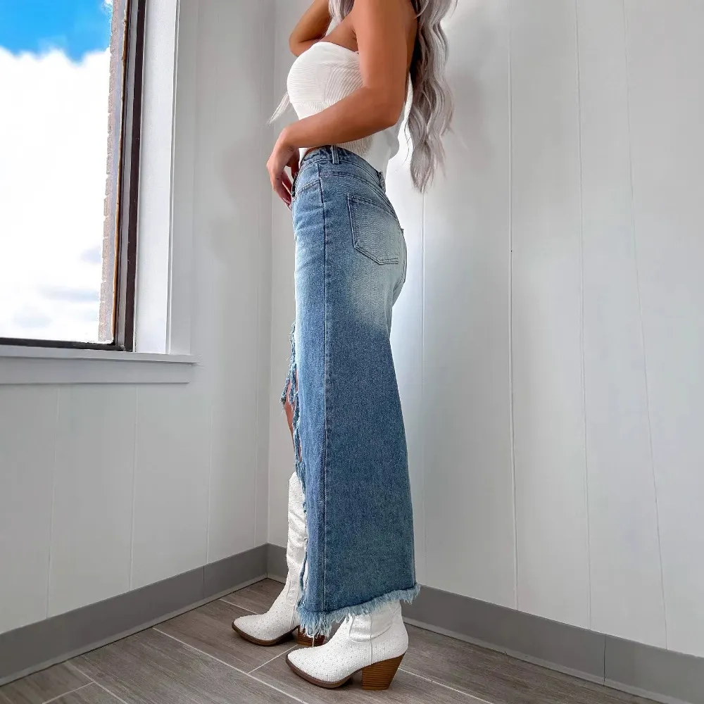 Women's High Waist Gradient Denim Midi Skirt