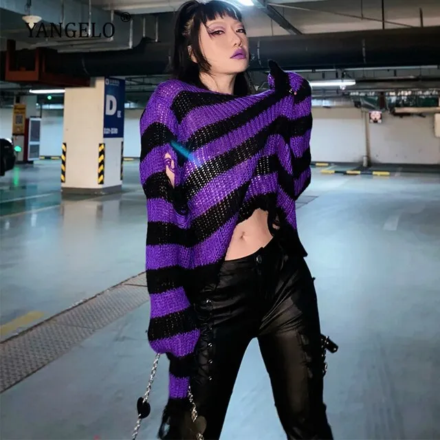 Halloween 200 Gothic Knitted Sweater Women Long Pullovers Striped Loose Winter Ripped Plus Size Sweaters Jumpers Mujer Jersey 924