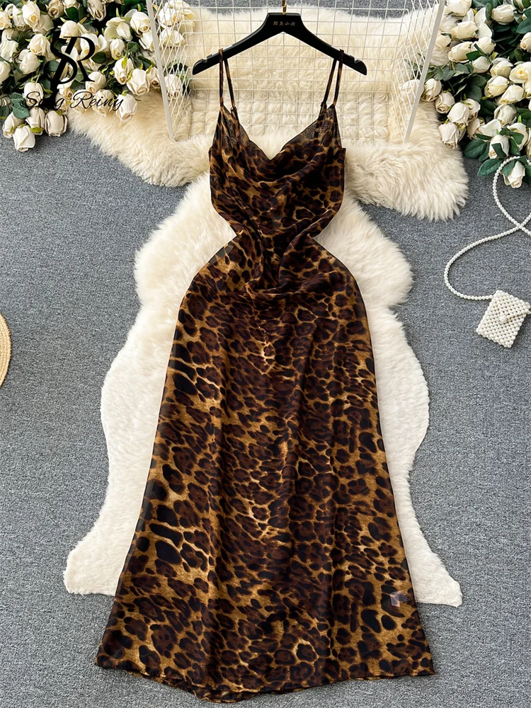 Huibahe Spaghetti Strap Leopard Print Long Dress Ladies Sleeveless Slim Backless Sundress Fashion Holiday Beach Maxi Dress