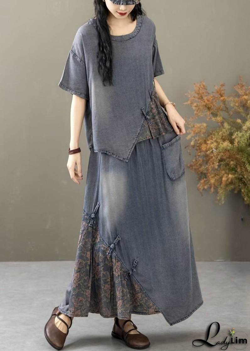 Chic Blue Print T Shirt And Skirts Two Piece Set Short Sleeve