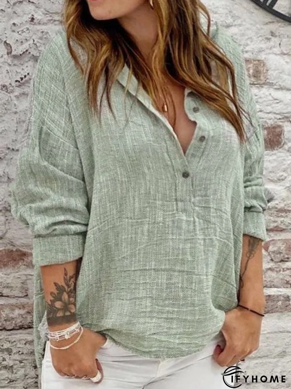 Plain Casual Linen Shirt Collar Tunic Blouse | IFYHOME