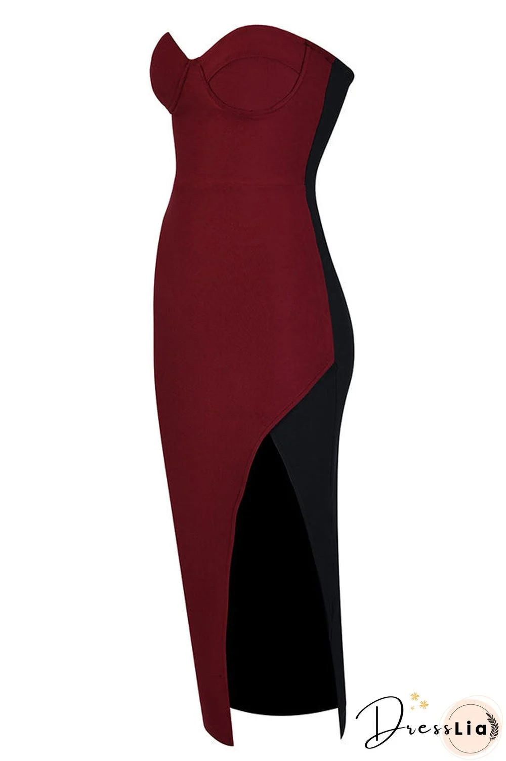 Colorblock Strapless Slit Bandage Prom Dress