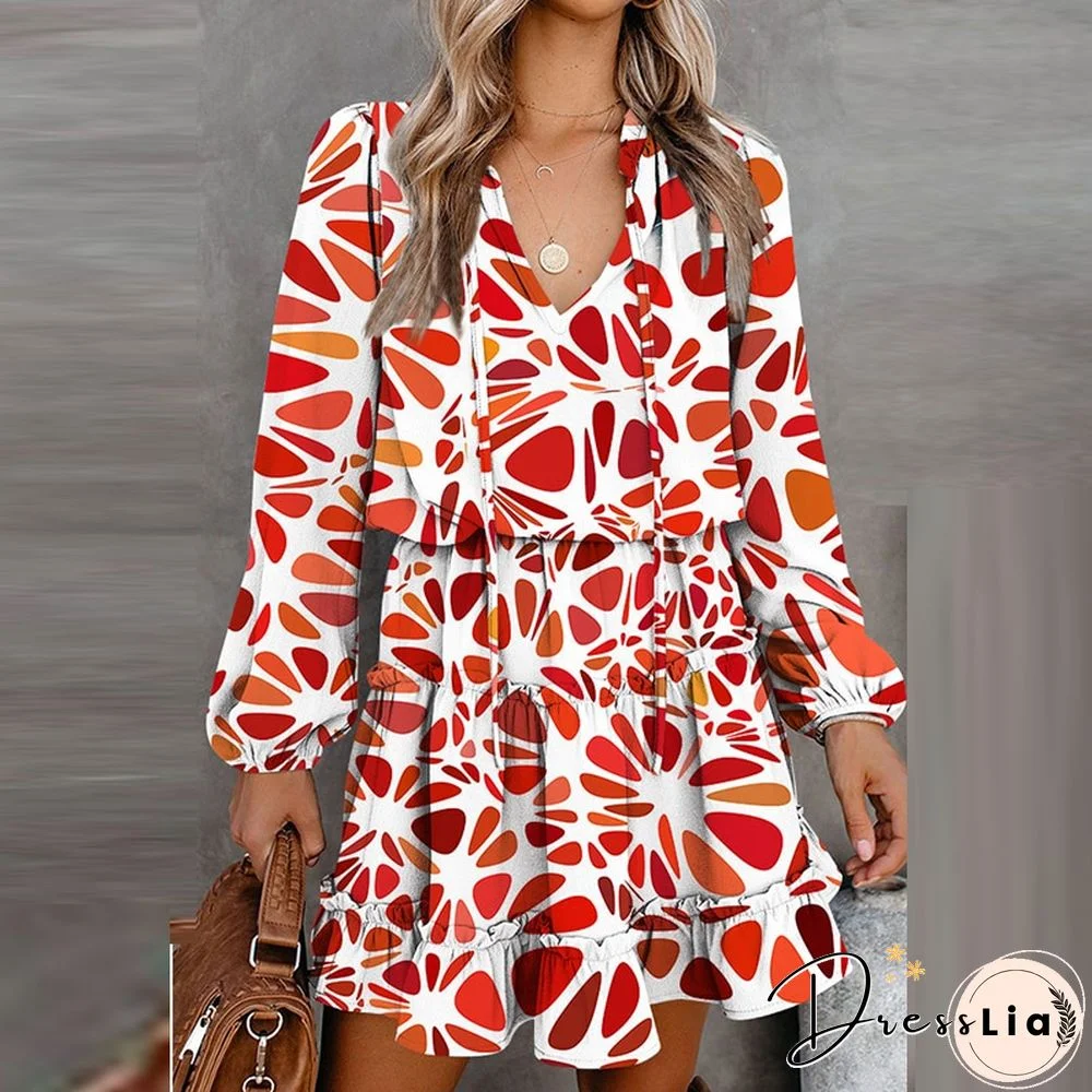 Vintage Floral Printed Mini Dress Women Casual Long Sleeve V Neck Lace-up Early Autumn Dress Fashion Loose Waist Ruffle Dresses