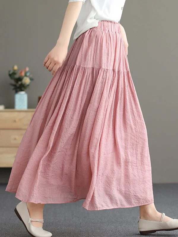 Casual Loose A-Line Pleated Elasticity Split-Joint Solid Color Skirts Bottoms