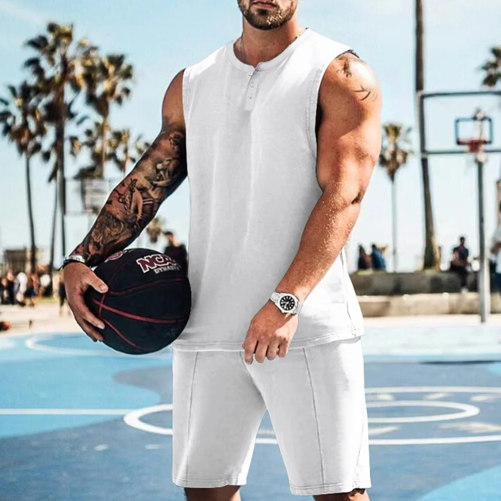 Smiledeer Men's Summer Sports Leisure Solid Color Vest Shorts Two-Piece Set