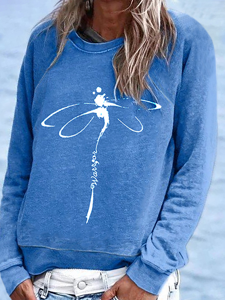 Comstylish Casual Long Sleeve Dragonfly Printed Sweatshirt