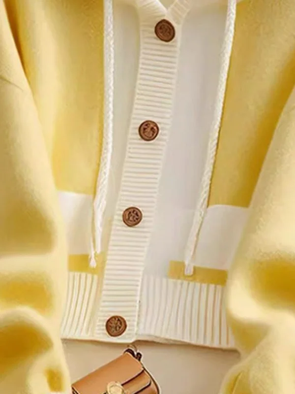 Athvotar Athvotar Style Yellow Splicing Hood Design Sweater Coat Knitted Cardigan Showing Lean Long Sleeves Loose Casual Top