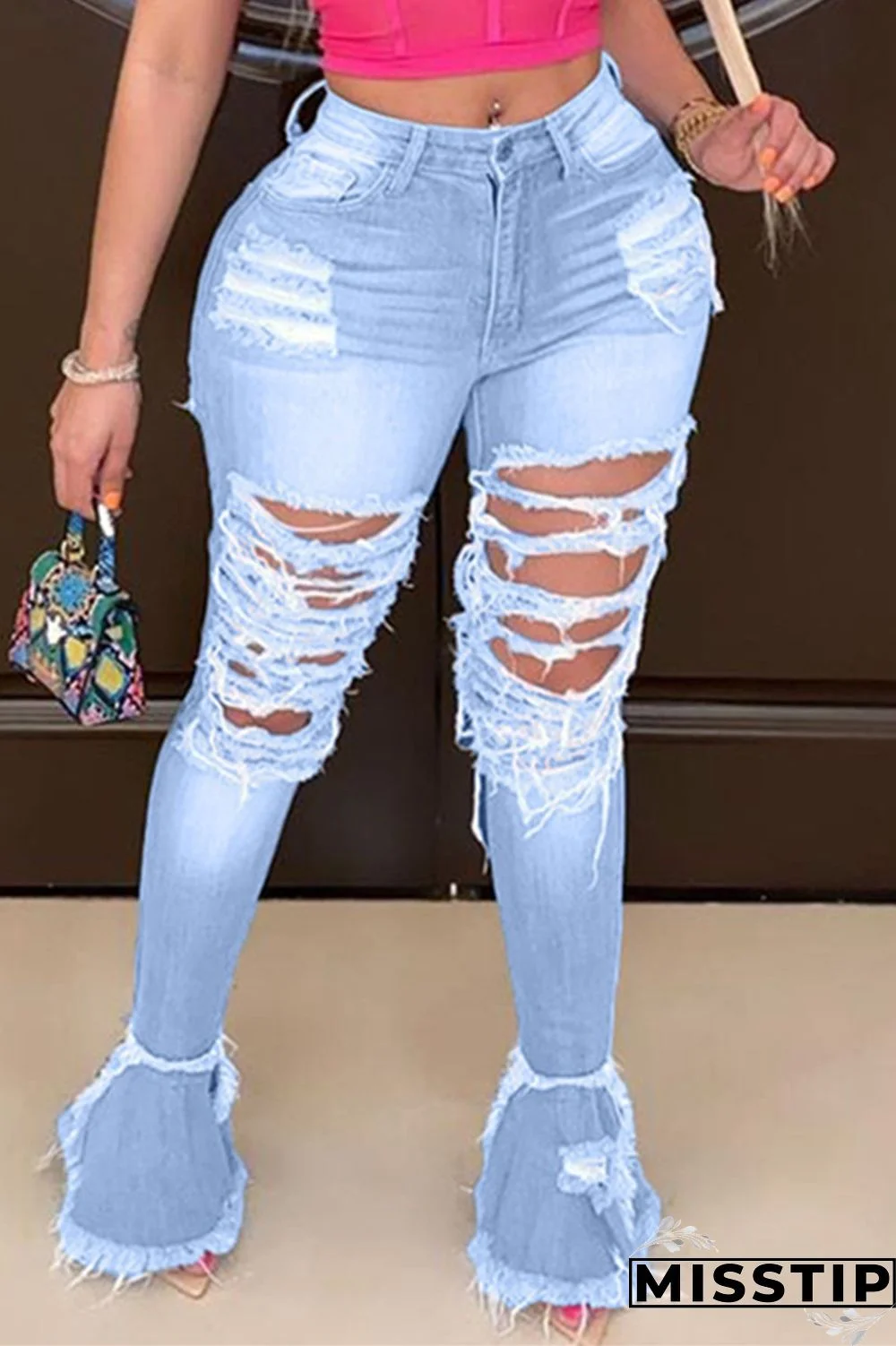 Dark Blue Fashion Casual Solid Ripped High Waist Boot Cut Denim Jeans