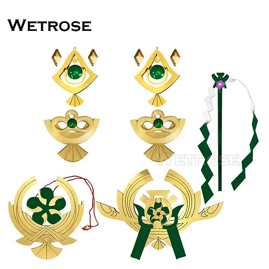 [Wetrose] In Stock Yae Miko Cosplay Props Accessory Staff Weapon Model Head Gear Earring Heisoku Mesa Gohei Onbe Green Xiao