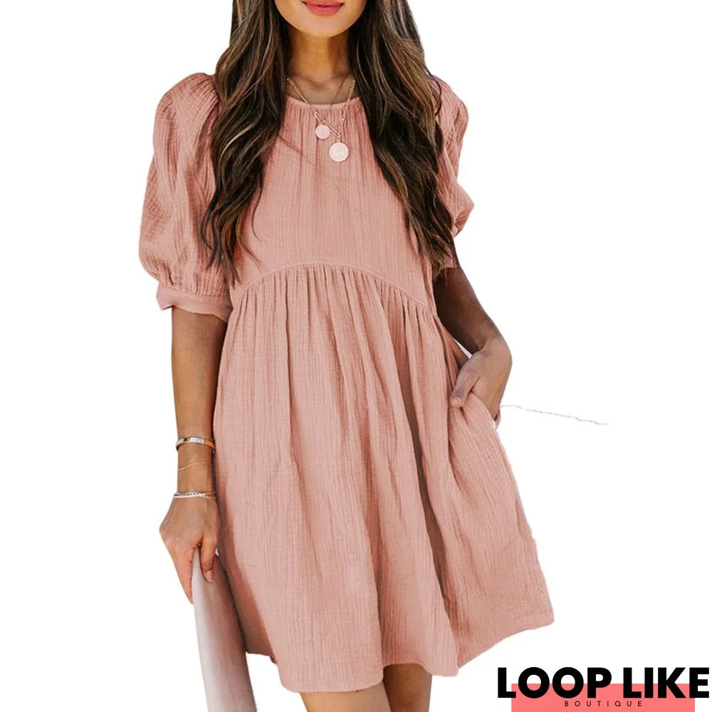 Summer Dress Loose Bubble Sleeves Plus Size Breasted Solid Color Dress