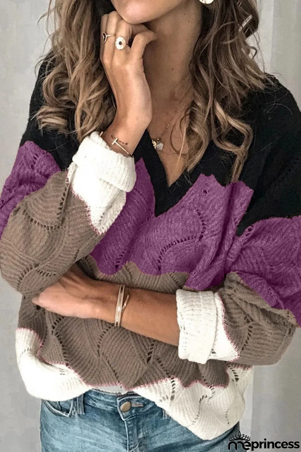 V Neck Colorblock Textured Knit Sweater