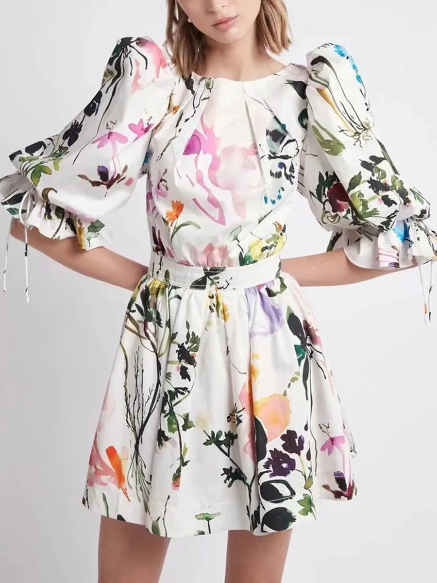 Round Neck Flounce Sleeve Floral Pattern Short Dress