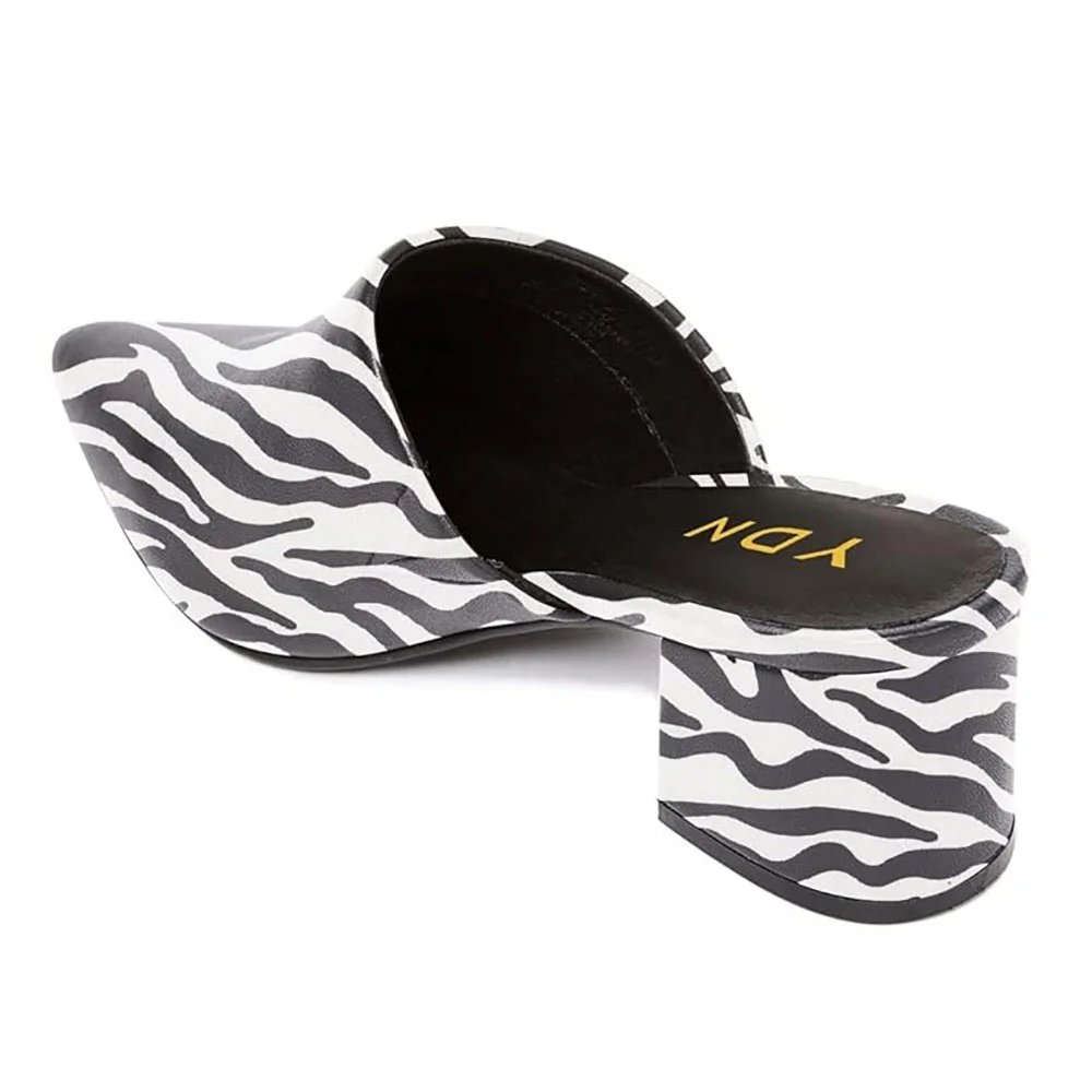 Stylish Black & White Chunky Heel Zebra Print Mules for Women