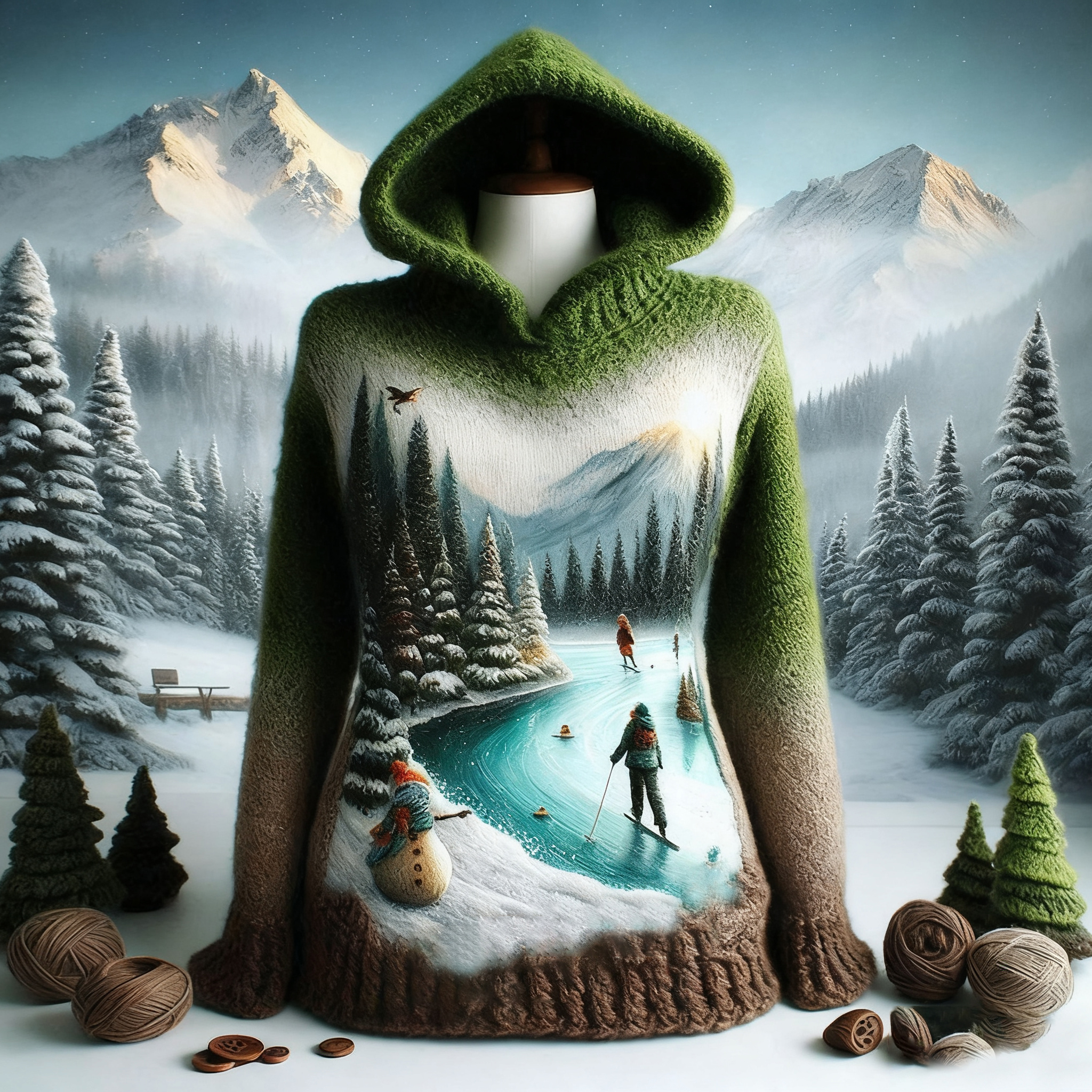 Abstract Creative Skiing Art Warm Hooded  Sweater elevenforest