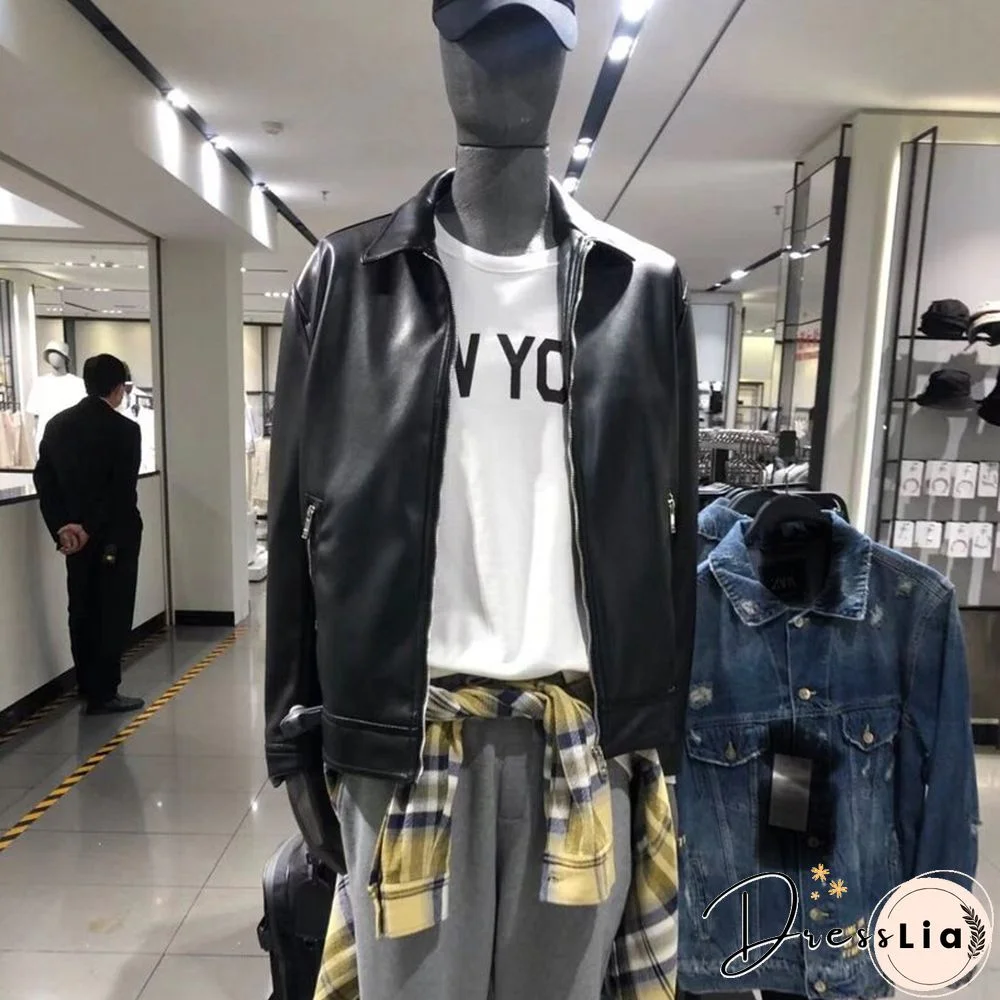 Spring Autumn Men Faux Leather Jacket Motorcycle Lapel Jackets Black Outwear Male PU Leather Coats Mens