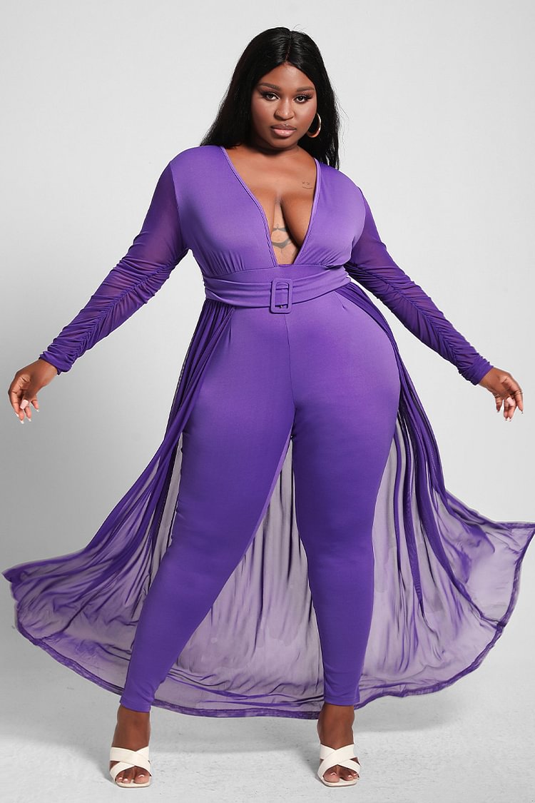Xpluswear Design Plus Size Purple Split Joint Mesh Long Sleeves Straight Jumpsuit (With Belt)