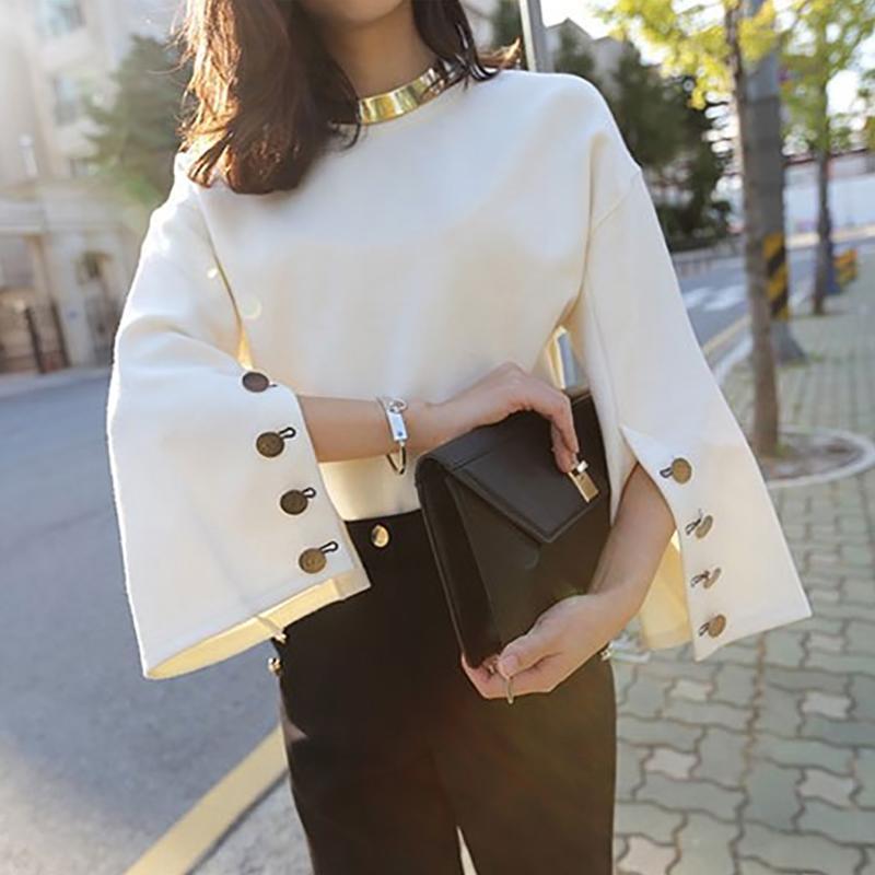 Fashion Round Neck Bell Sleeve Suede Sweater