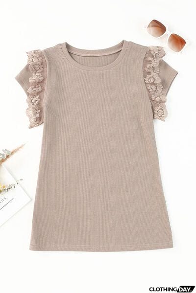 Lace Detail Round Neck Cap Sleeve T-Shirt