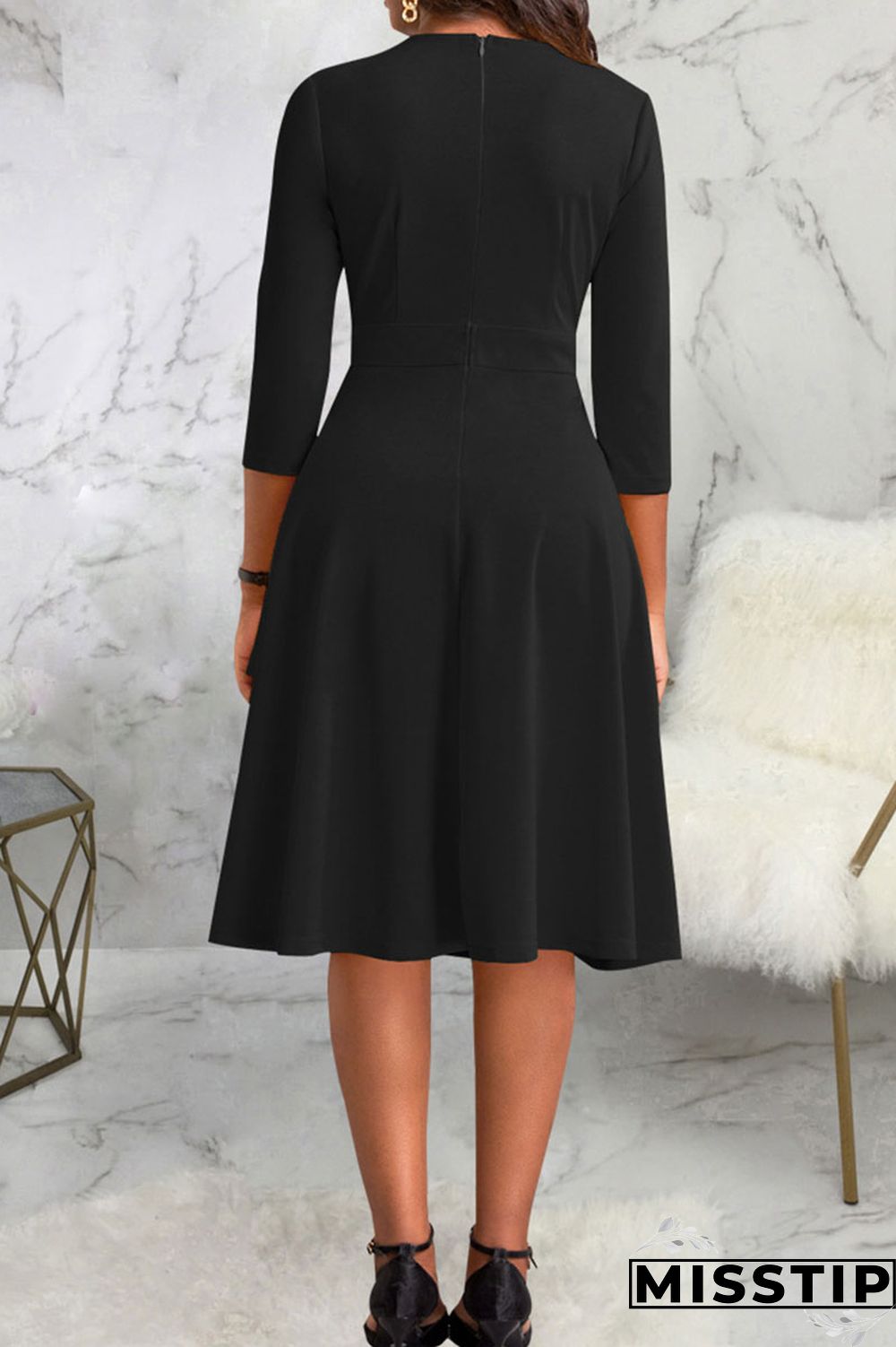 Black Casual Solid Patchwork Buttons O Neck A Line Dresses