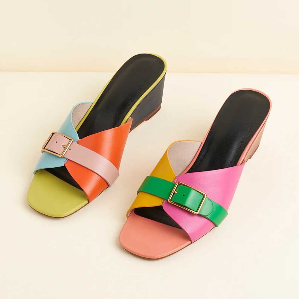 Multi-Color Square Toe Wedge Heel Mules Sandals with Front Buckle Nicepairs