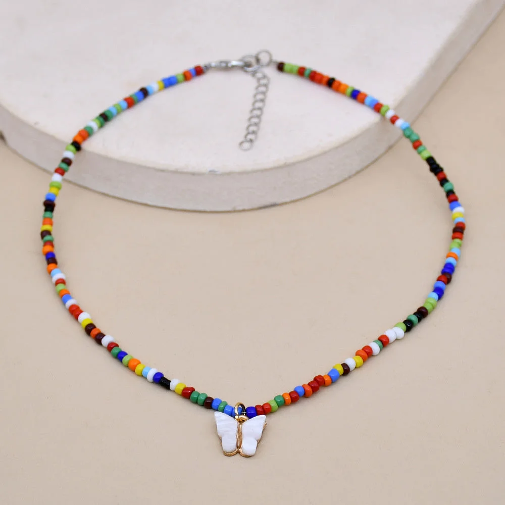 Women's New Colorful Rice Beads And Butterfly Pendant Necklace