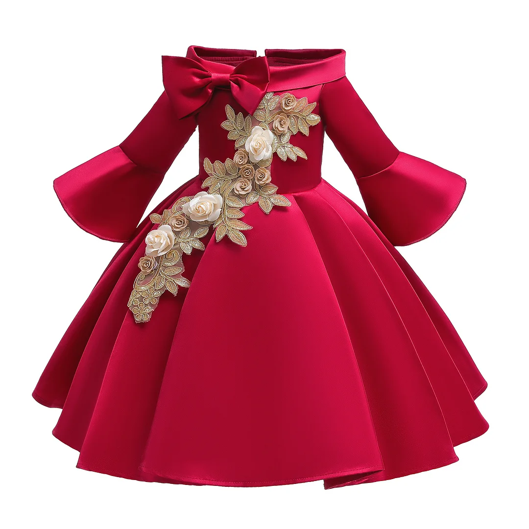Buzzdaisy Flowers Princess Dress For Girl Off The Shoulder Bow-Knot Solid Color Long Sleeve Can Be Washed Cotton Christmas Gifts