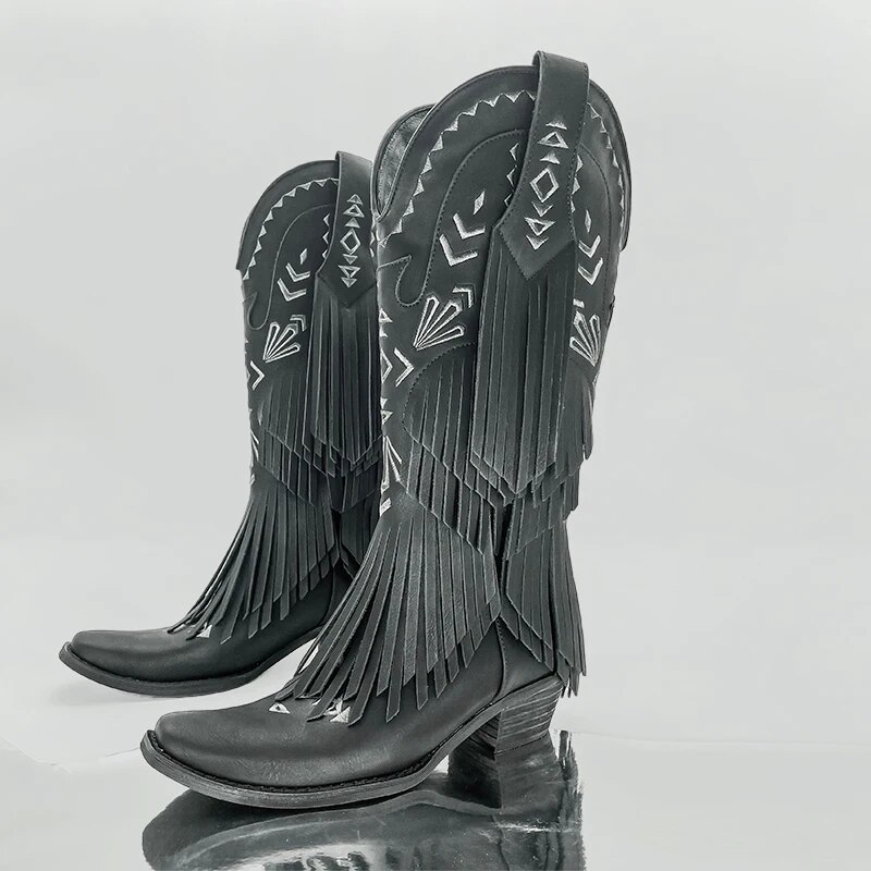 VCSHOES Fringe Western Cowboy Boots Female Leather Wedges Square Head Embroidered Knight Boots Cowgirl Mujer Shoe