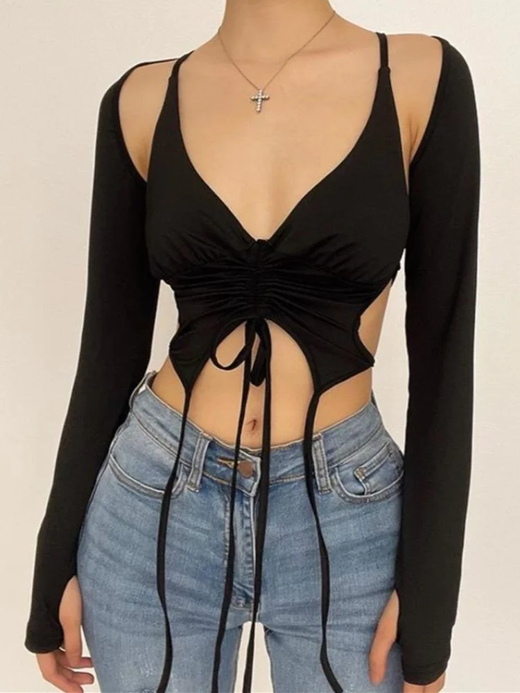 Two Piece Sets Tops and Blouses Women Summer Fall Grunge Sleeveless Halter  Tie Up Drawstring Tank Tops + Long Sleeve Crop Tops