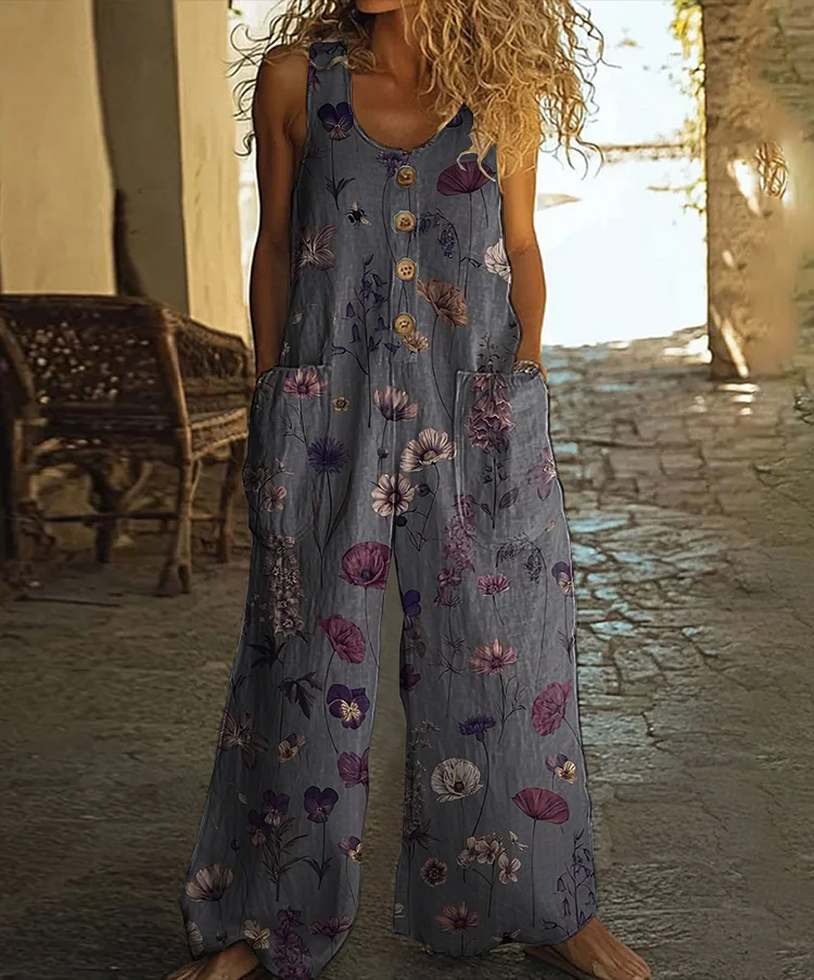 Retro Floral Print Casual Wide-leg Jumpsuit