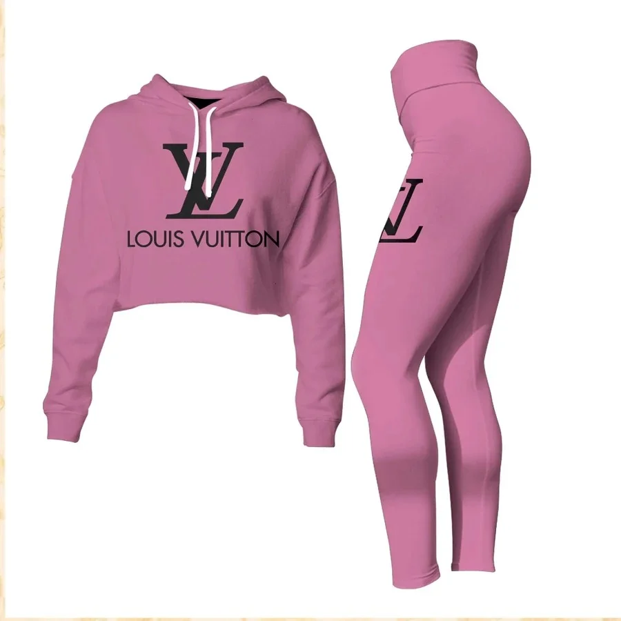 Louis Vuitton Pink Crop Top Leggings con capucha para mujer Marca