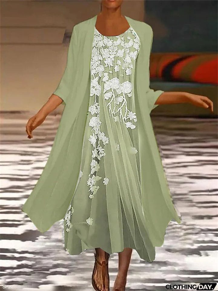 Women's Vintage Flowy Flower Printing Chiffon Two-piece Dress