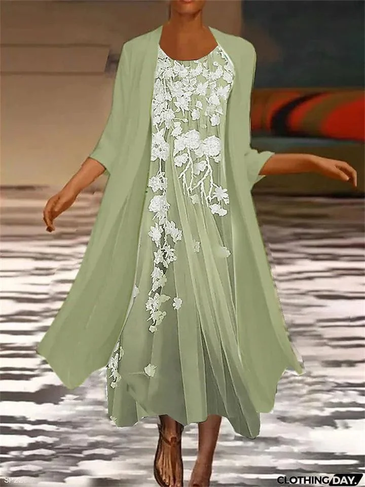 Women's Vintage Flowy Flower Printing Chiffon Two-piece Dress