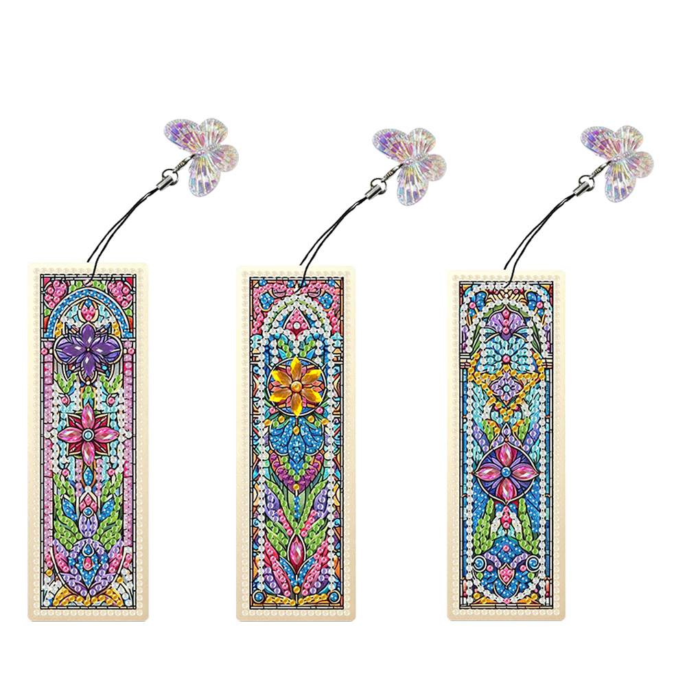 3Pcs Flower Diamond Painting Bookmarks with Pendant 5D Diamond Art Bookmark Kits