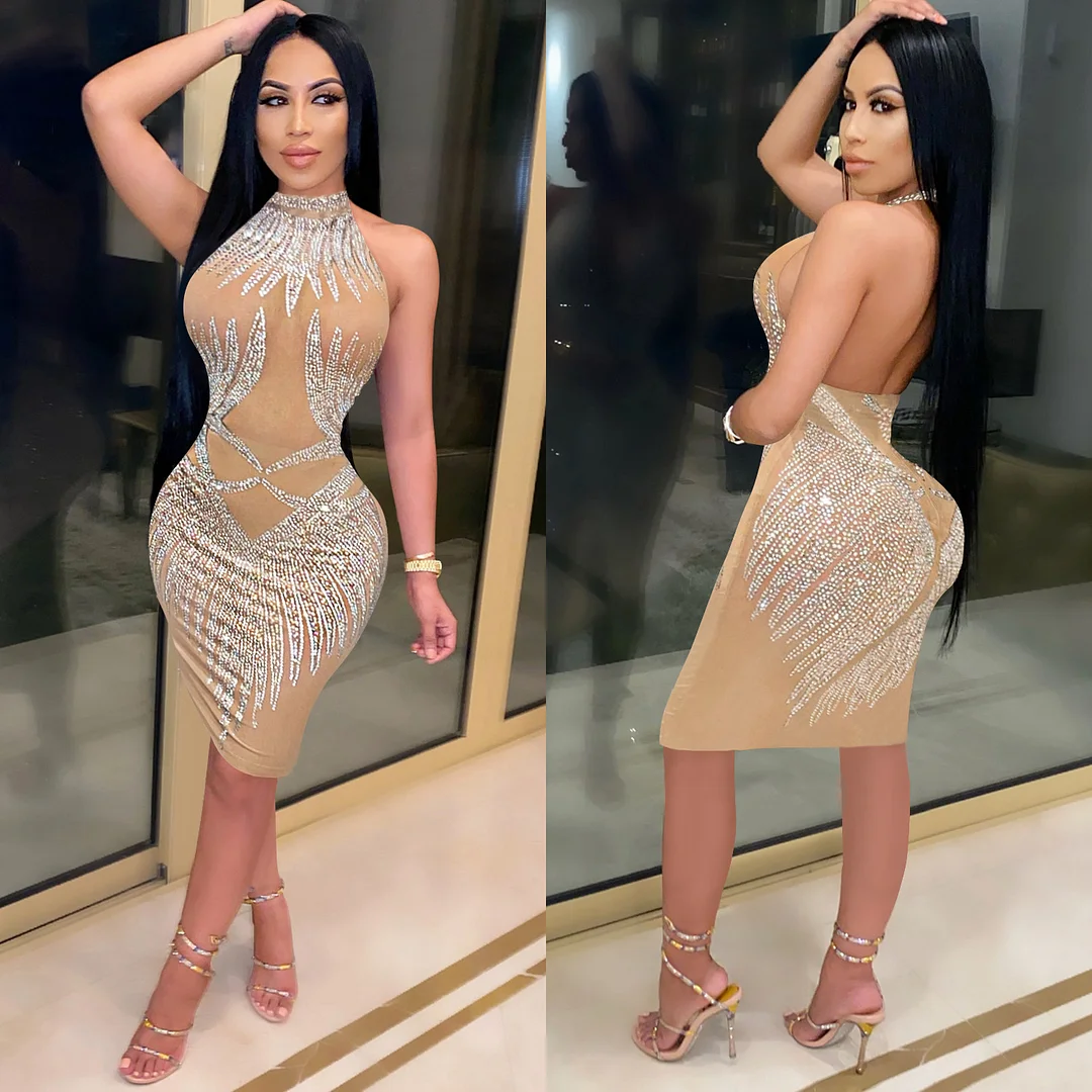 Churchf Churchf New Fashion Women's Hot Diamond Nightclub Wind Round Collar Open Back Sleeveless Skirt Dress