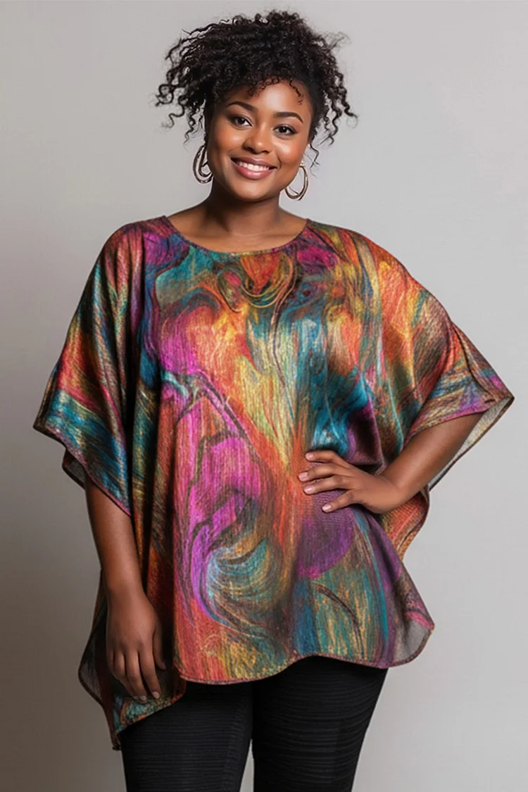 Xpluswear Design Plus Size Party Multicolor All Over Print Round Neck Short Sleeve Asymmetric Hem Irregular Hem Blouses [Pre-Order] 2024 - Xpluswear