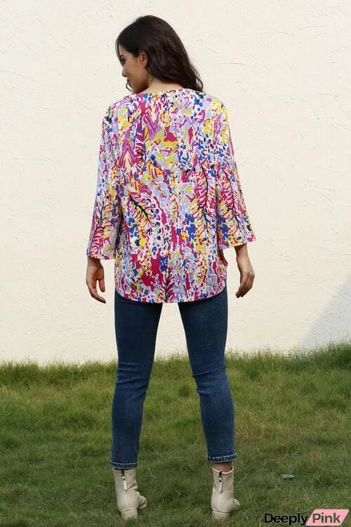 Plus Size Printed Notched Long Sleeve Blouse