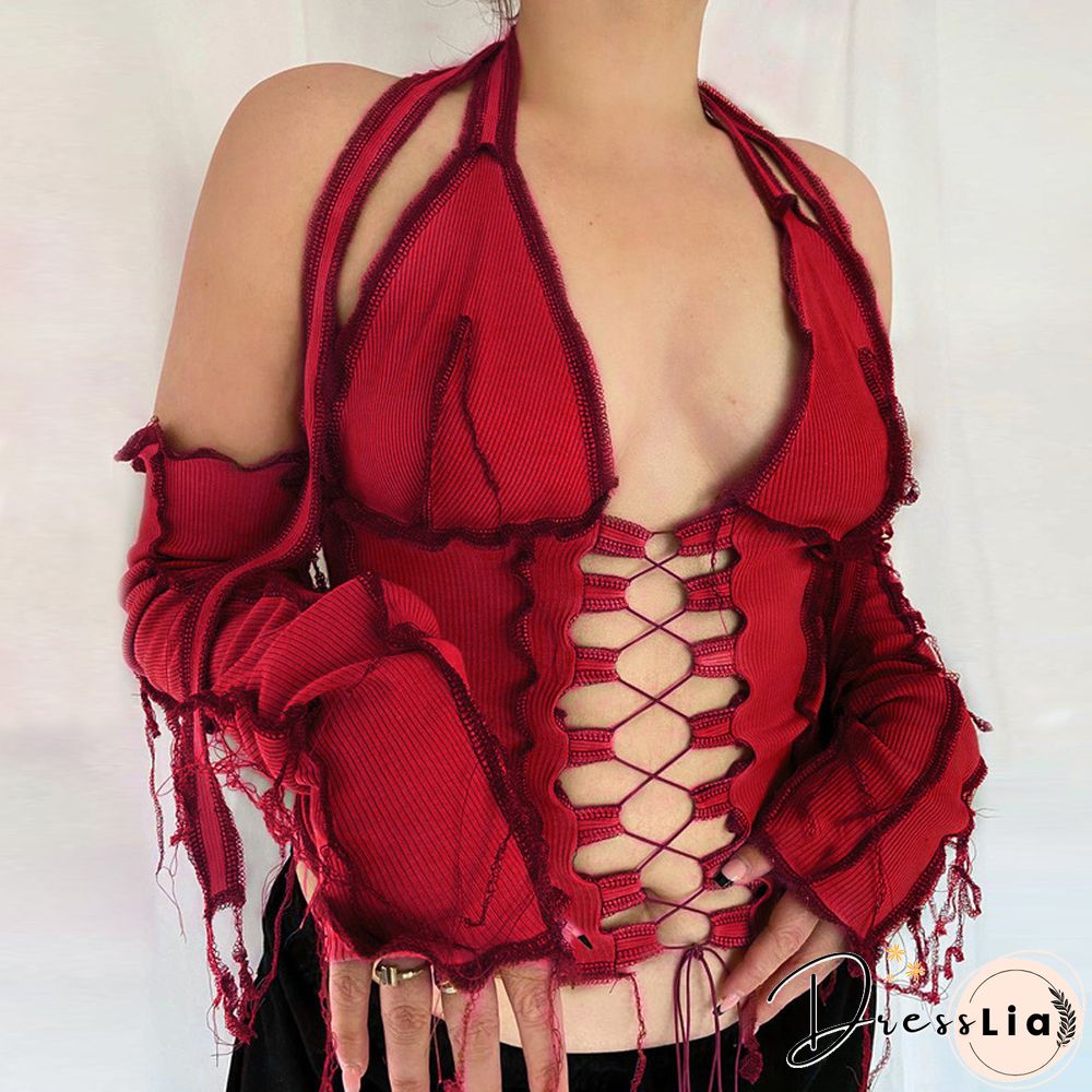 Backless Halter Ribbed Tie Front Top Women Long Sleeve Hollow Out Lace Up T Shirts Patchwork Sexy Hot Bodycon Crop Top