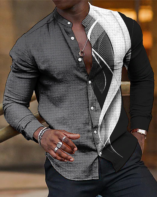 Suitmens Men's Cotton Linen Minimalist Phantom Stand Collar Long Sleeve Shirt 055