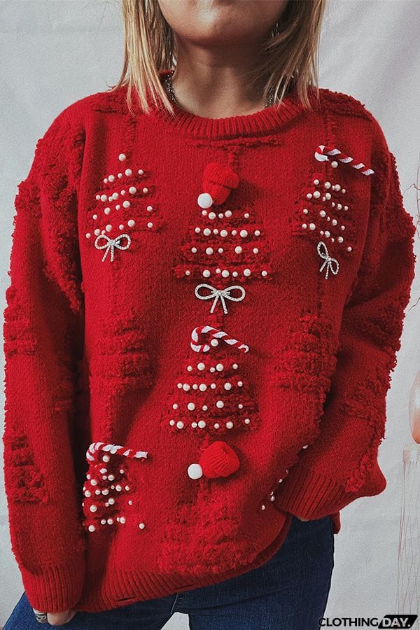 Christmas Pattern Knitted Crew Neck Long Sleeved Sweater