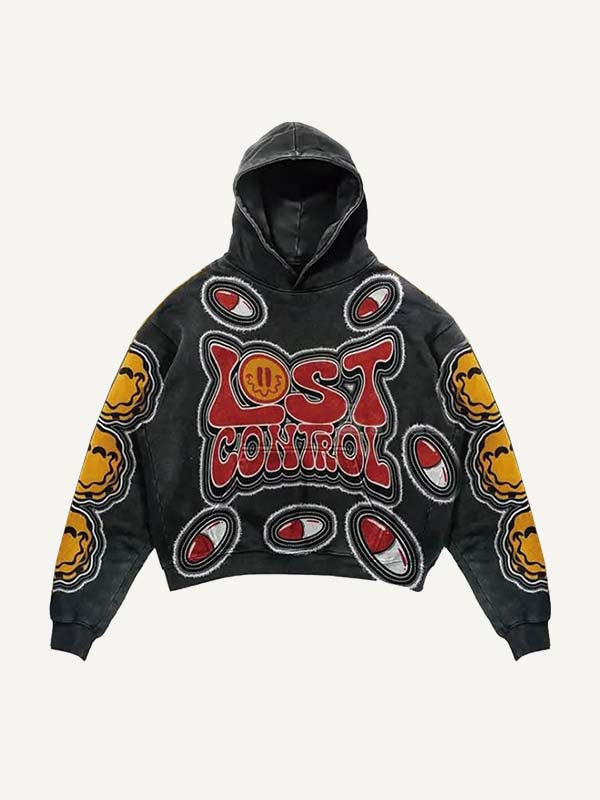 Pill&Smiley Face&Letter Faux Decal Print Slant Pockets Hoodie