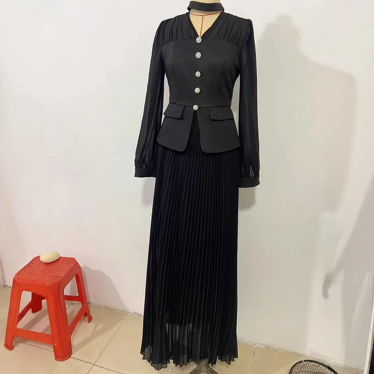Pleated Suit Button Mesh Stitching Long Dress Gift Set