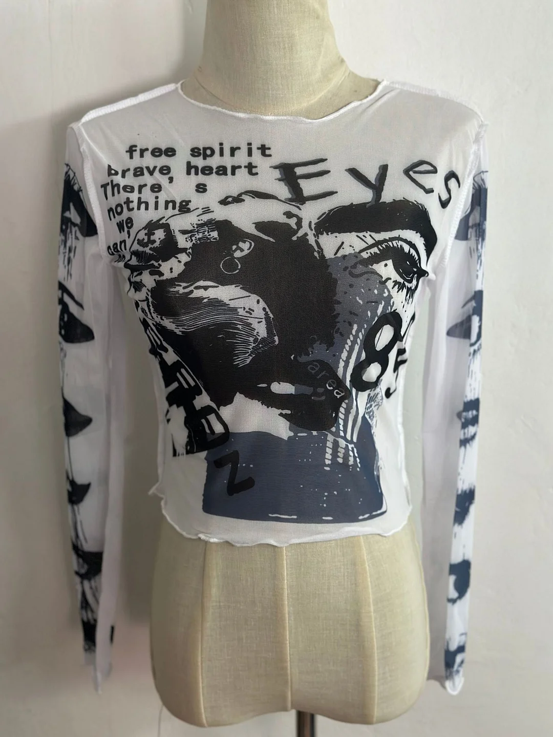 Uveng Spring 2024 New Round Collar Collar Long-Sleeved Mesh Printing Umbilical Casual Women's Top