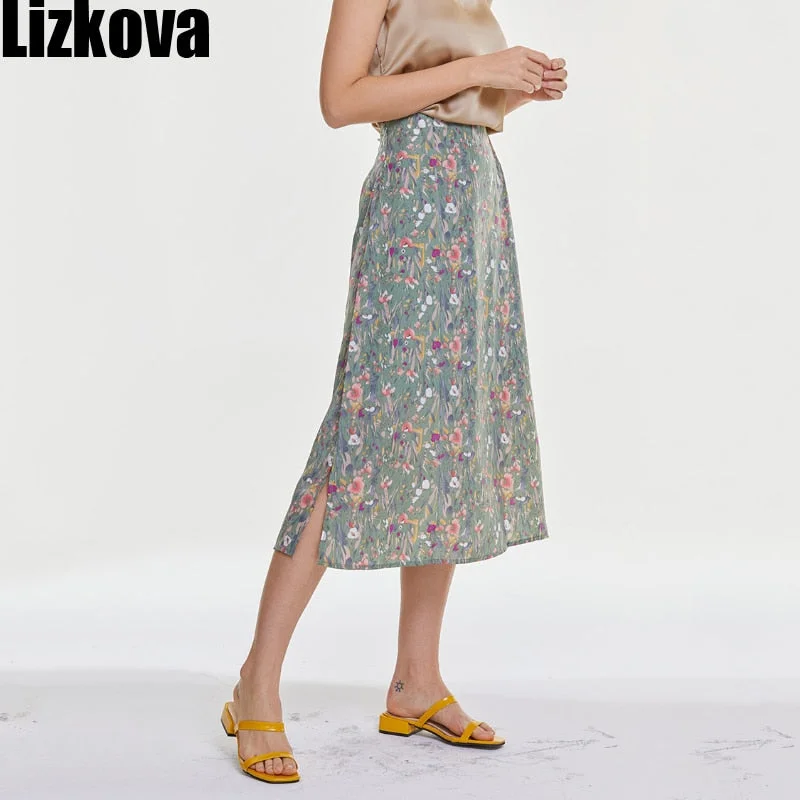 Lizkova Spring Floral Print Skirt Women High Waist Boho Mujer Faldas Split Summer 2021 Korean Style Holiday Femme Jupes