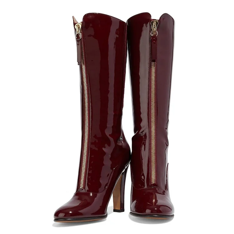Burgundy Patent Leather Front Zip Ankle Boot chunky Heel Boots |FSJ Shoes