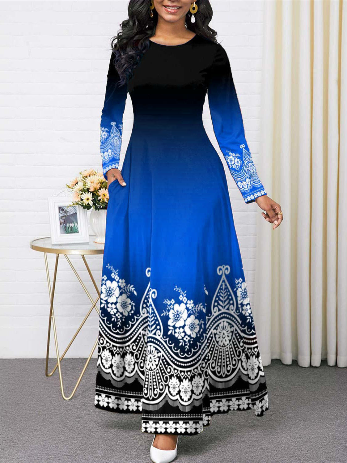 Women Long Sleeve V-neck Graphic Floral Printed Top