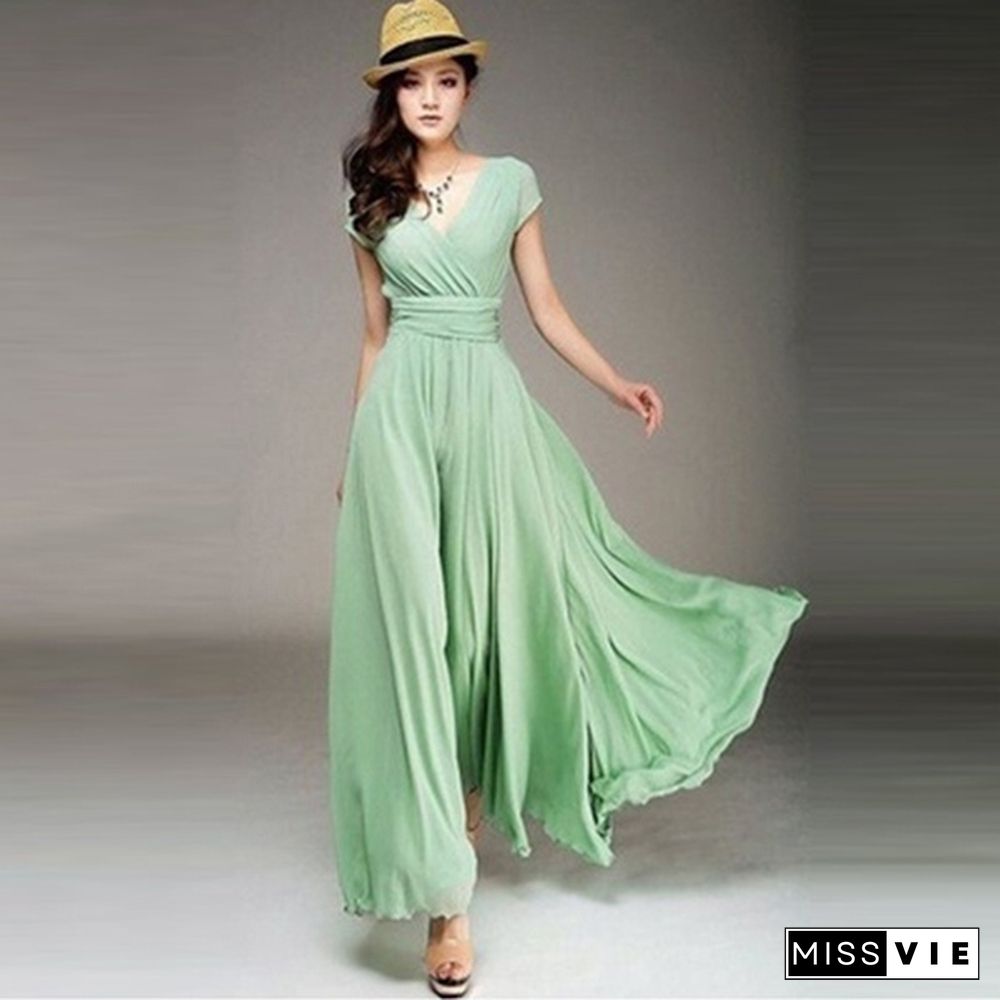 Womens Fashion Spring Summer Autumn Bohemian Maxi Dress Beach Evening V-Neck Sexy Women