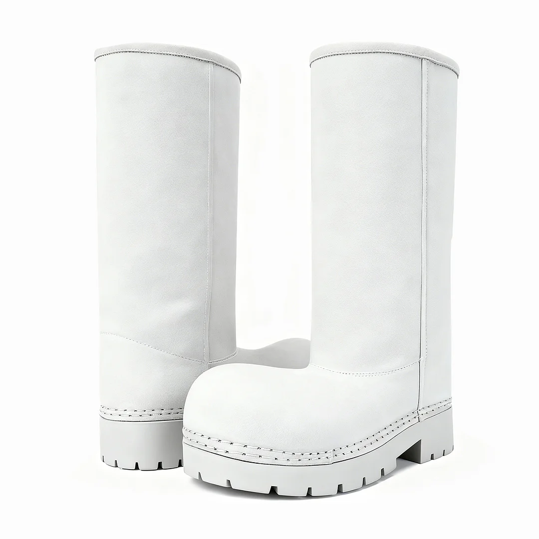 Faux Suede Platform Fuzzy Snow Boots Round Toe Hippy Winter Boots Slip On Knee High Chunky Heel Fur Tall Boots-MERUMOTE