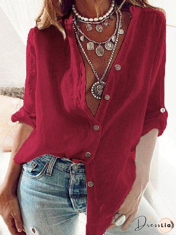 Solid Loose V-neck Long-sleeved Shirt