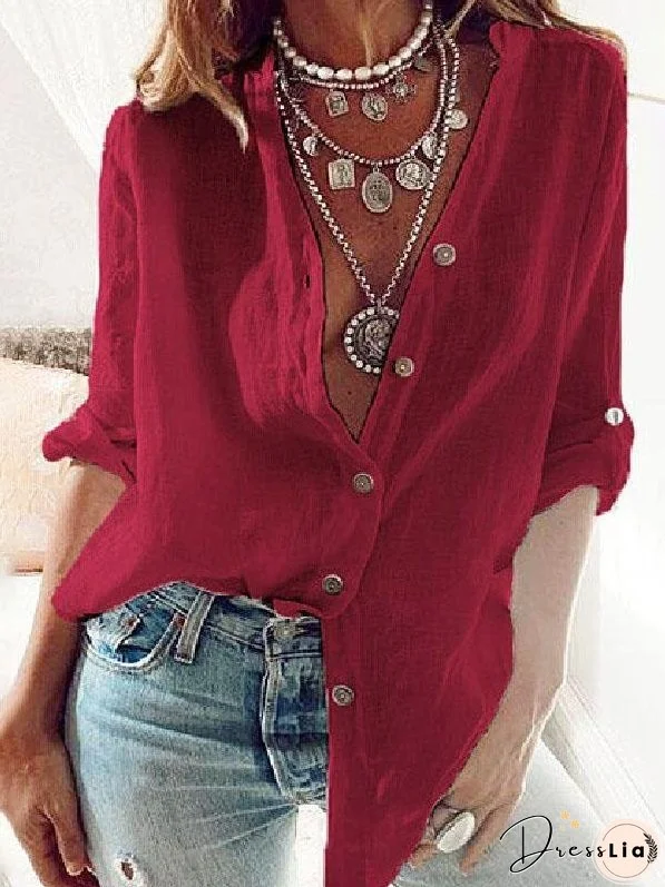 Solid Loose V-neck Long-sleeved Shirt