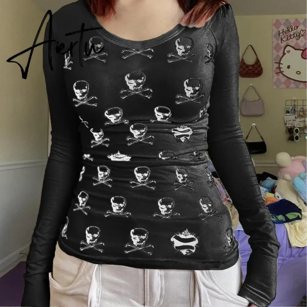 Retro Grunge Skulls Print T-shirt Autumn Spring Casual Long Sleeve Skinny Tees Y2K Aesthetics Fairycore Vintage Crop Top Clothes Aiertu